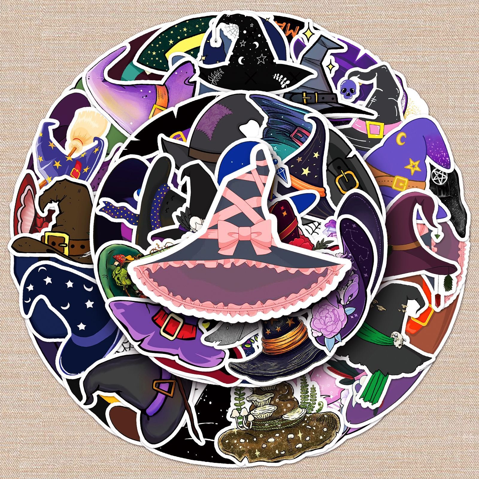 50-Pack Witch Hat Doodle Stickers – Cute Cartoon Decals for Water Bottles, Phones & Travel Luggage.