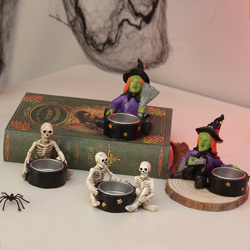 Halloween Decorations Witch and Skull Resin Candlestick Ornaments, Party Tabletop Craft Decorations