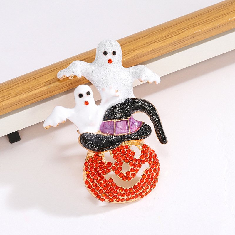 Halloween White Ghost & Pumpkin Brooches – Full Rhinestone Decorative Pins for Women's Festive Gifts
