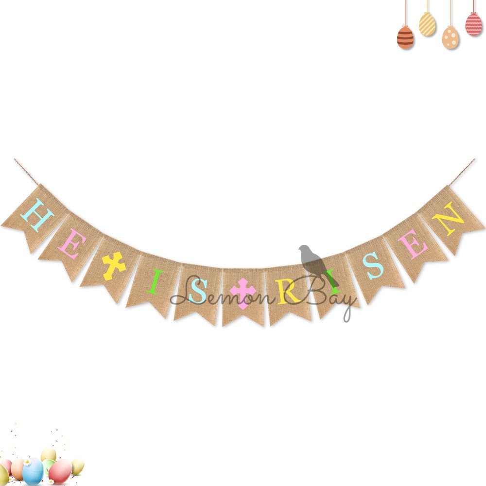 He Is Risen Easter Burlap Banner Cross Flag for Baptism Party Decorations