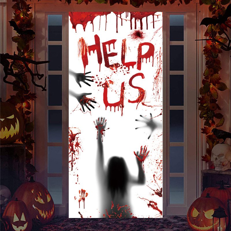 New Large-Sized Bloody Door Curtain & Window Decals Horror-Themed Halloween Party Decorations for Window Displays