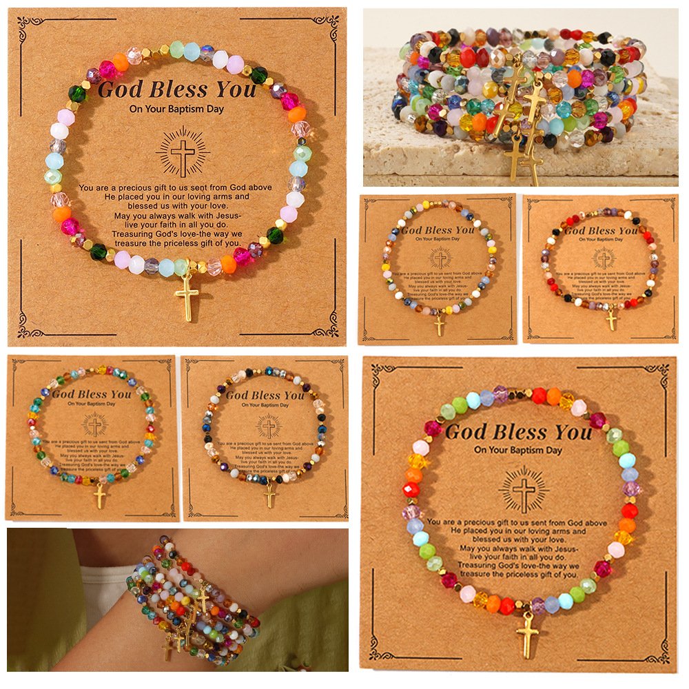 Stylish Easter Cross Card & Square Iron Gallstone Chain Colorful Crystal Bracelet for Women