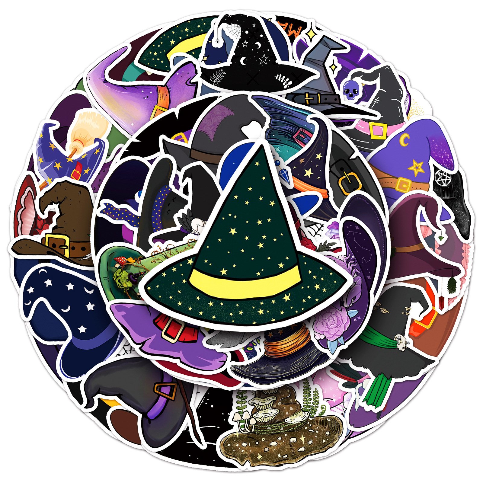 50-Pack Witch Hat Doodle Stickers – Cute Cartoon Decals for Water Bottles, Phones & Travel Luggage. - Image 2