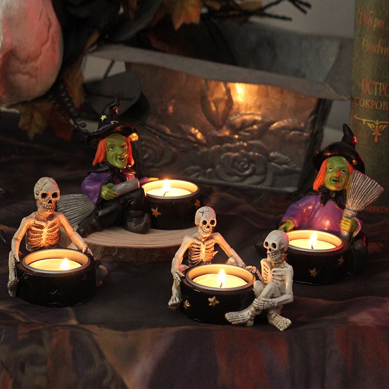 Halloween Decorations Witch and Skull Resin Candlestick Ornaments, Party Tabletop Craft Decorations - Image 3