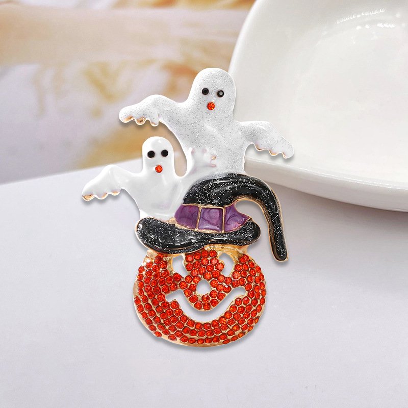 Halloween White Ghost & Pumpkin Brooches – Full Rhinestone Decorative Pins for Women's Festive Gifts - Image 2