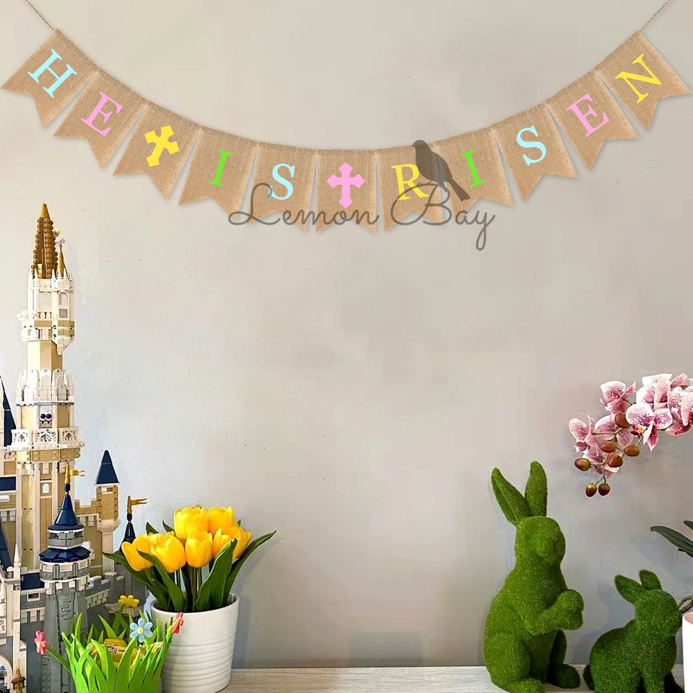 He Is Risen Easter Burlap Banner Cross Flag for Baptism Party Decorations - Image 4