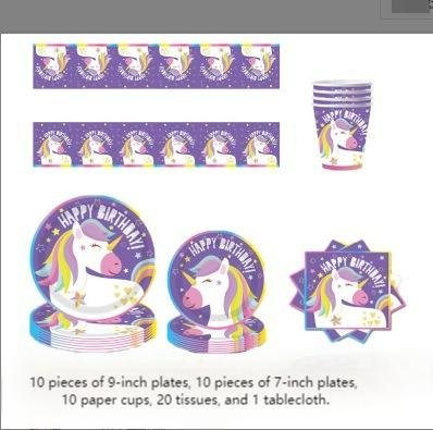 New unicorn-themed birthday party decoration supplies: disposable paper cups, paper plates, paper napkins, tablecloths, and tableware sets - Image 7