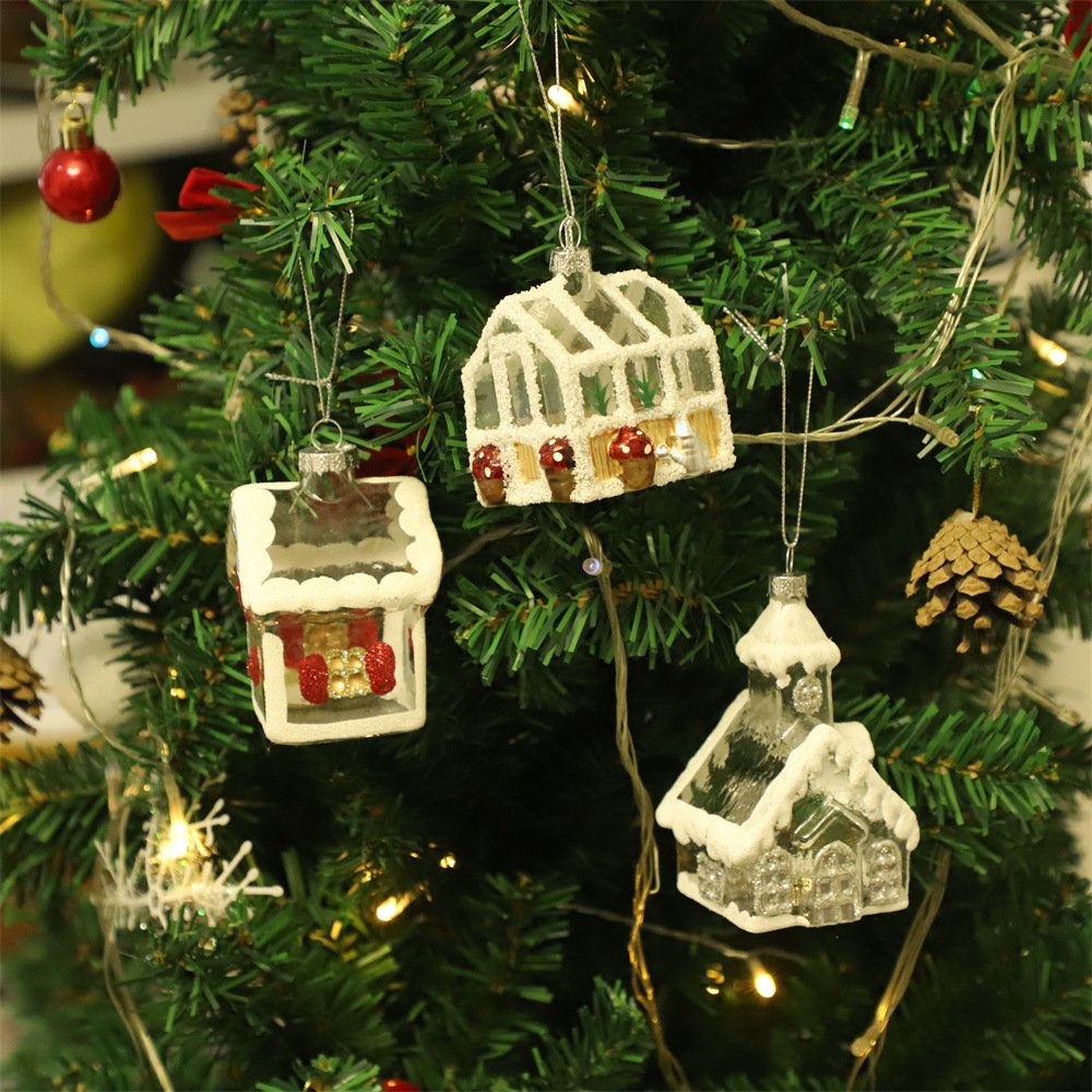 Creative Christmas Glass Snow House Ornament - Mini Hanging Decor for Xmas Tree, Festive Glassware Decoration
