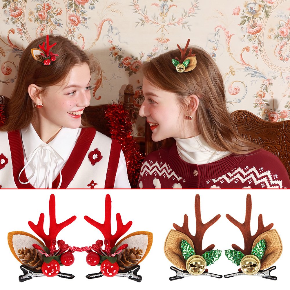 Christmas hairpins, flocked antler hair clips, cute cartoon bell reindeer duckbill clips for children, Christmas accessories for girls