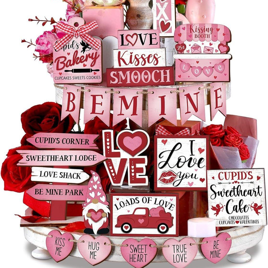 Valentine's Day layered tray decorations, farmhouse gnomes, heart-shaped wooden table signs, rural love tabletop decorations, gifts