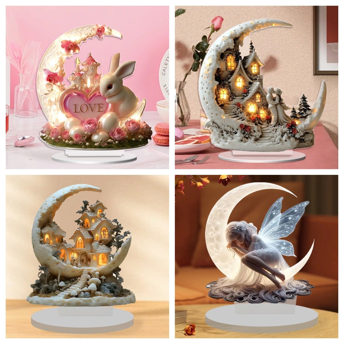 Cross-border Crescent Valentine's Day Rabbit Running to the Moon Elf Fairy Moon House 2D Acrylic Desktop Decoration Festival Ornament
