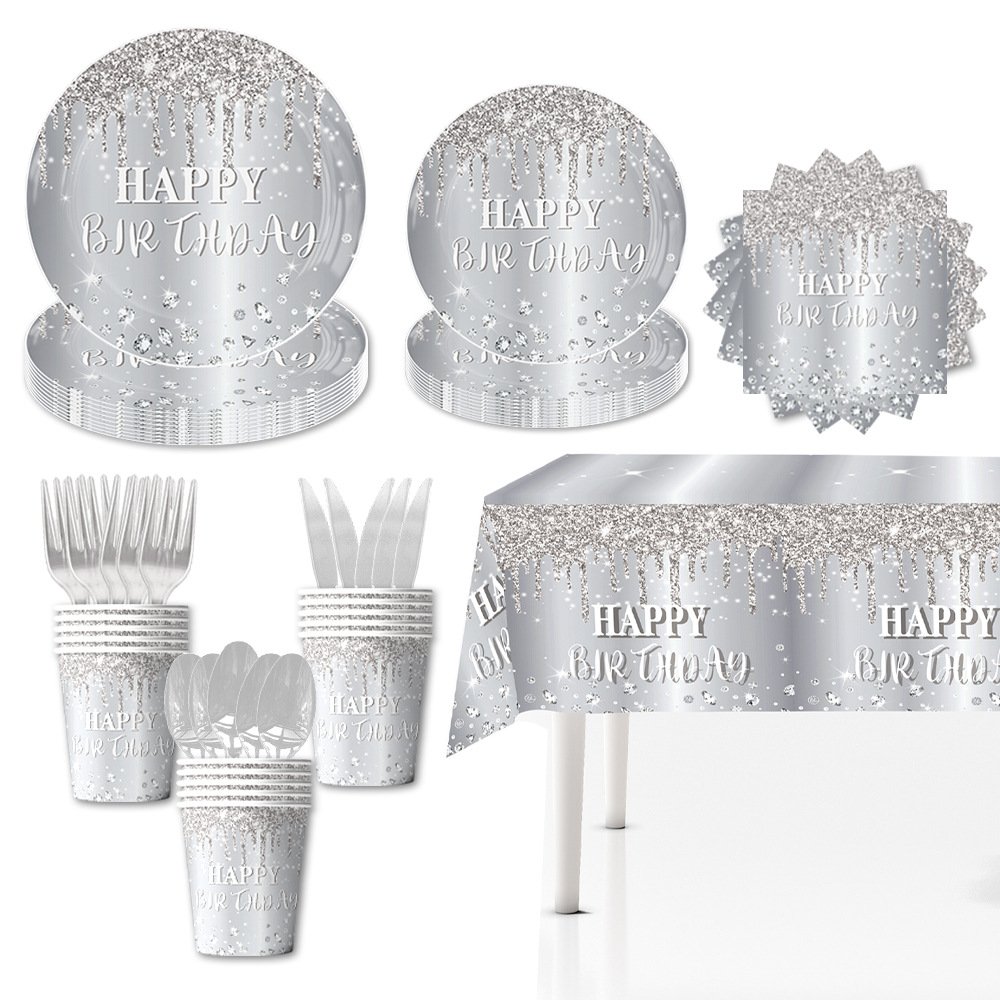 New Style Silver Diamond Shining "Happy Birthday" Decorative Disposable Tableware, Paper Cups, Paper Towels and Party Supplies