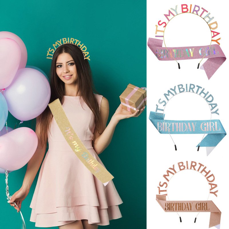 European and American Fashion "IT'S MY BIRTHDAY" Crown Sash Set, Sash, Shimmering Belt, Party Headwear Decoration