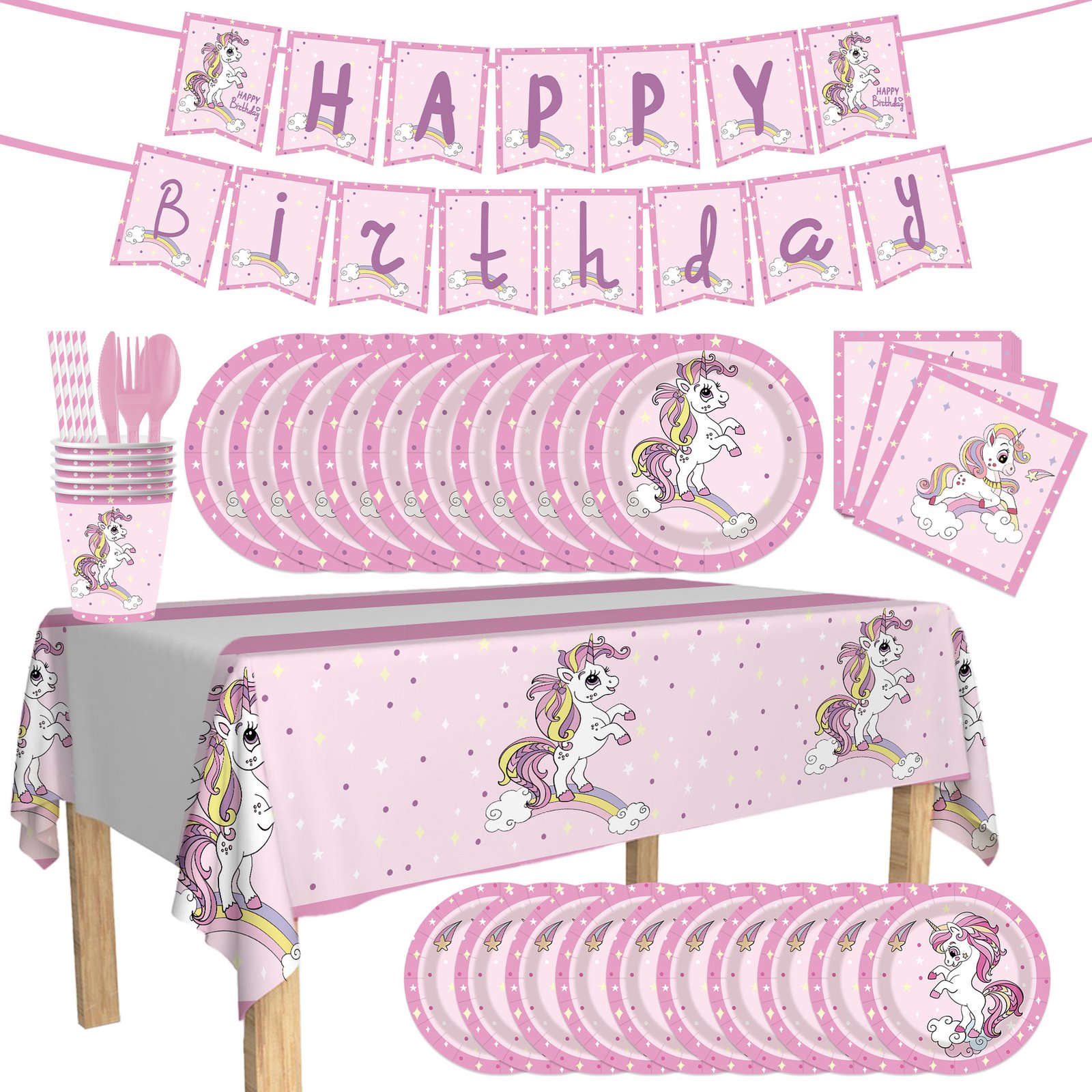 New unicorn-themed birthday party decoration supplies: disposable paper cups, paper plates, paper napkins, tablecloths, and tableware sets