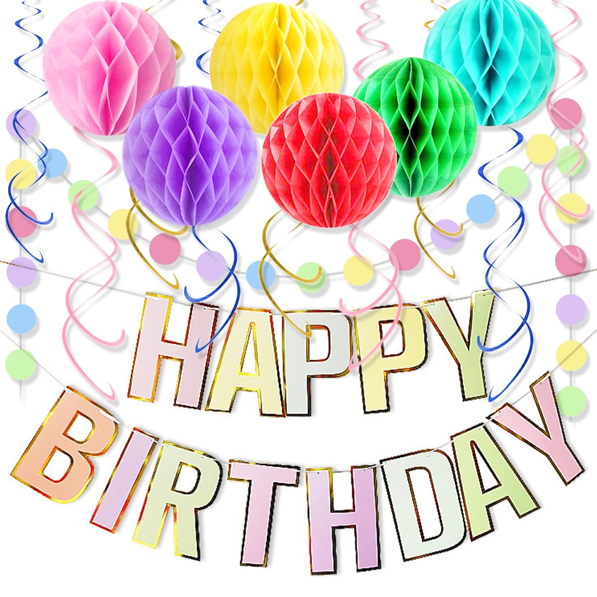 2025 Birthday Party Scene Decoration - Gilded Birthday Banner, Colorful Honeycomb Ball and Swirl Set Decoration Supplies