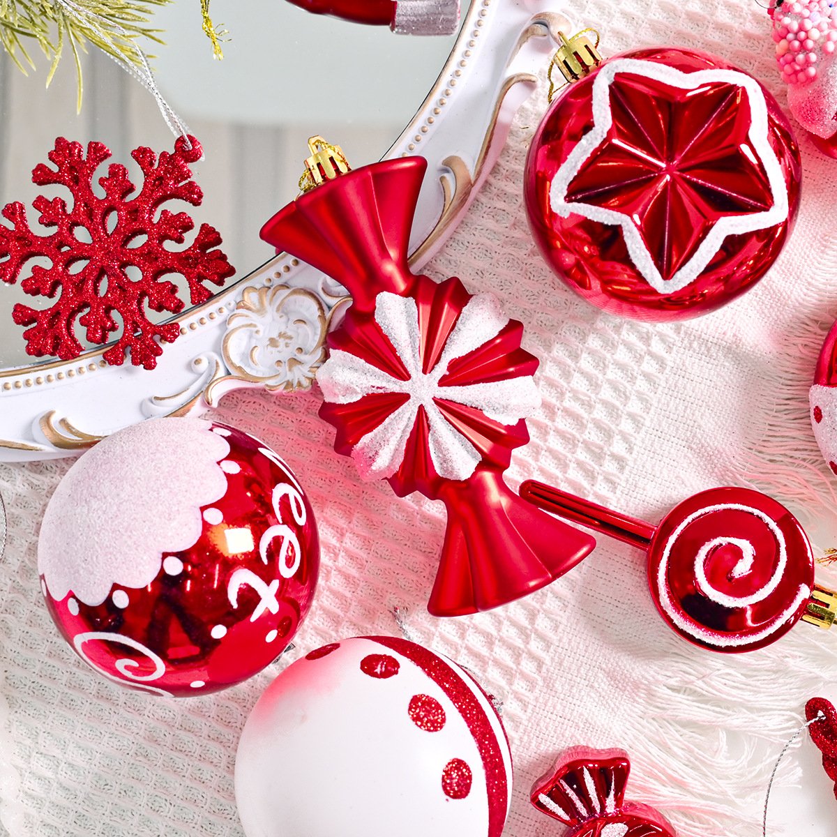 Cross-border new 78PCS red and white irregular hand-painted electroplated ball Christmas ball set gift box, Christmas tree ornaments and pendants - Image 4