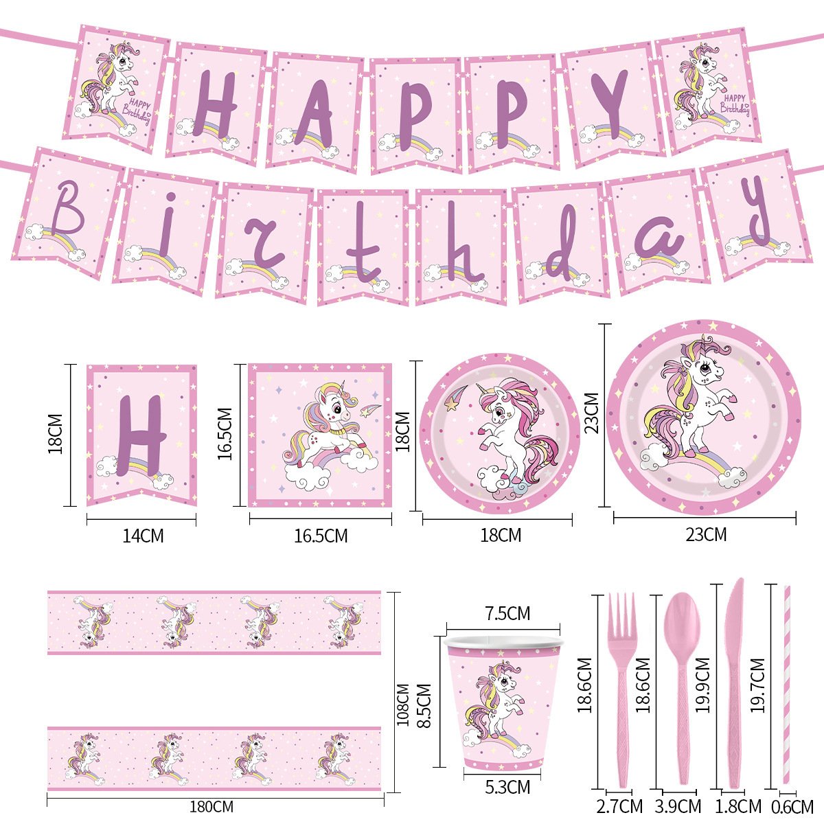 New unicorn-themed birthday party decoration supplies: disposable paper cups, paper plates, paper napkins, tablecloths, and tableware sets - Image 8