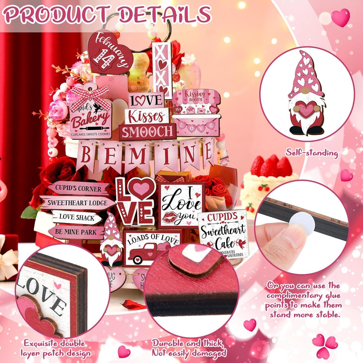 Valentine's Day layered tray decorations, farmhouse gnomes, heart-shaped wooden table signs, rural love tabletop decorations, gifts - Image 5