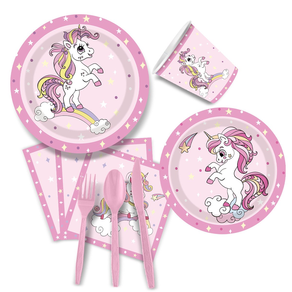 New unicorn-themed birthday party decoration supplies: disposable paper cups, paper plates, paper napkins, tablecloths, and tableware sets - Image 9