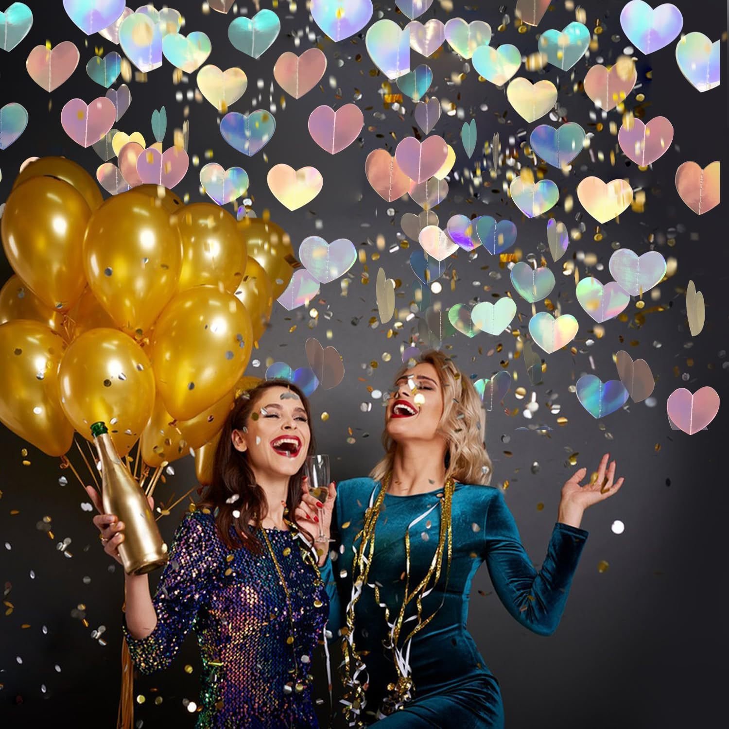 Cross-border in-stock iridescent heart-shaped streamers, Valentine's Day, wedding, birthday party gold, white and pink love heart pendants, paper pull strings - Image 2