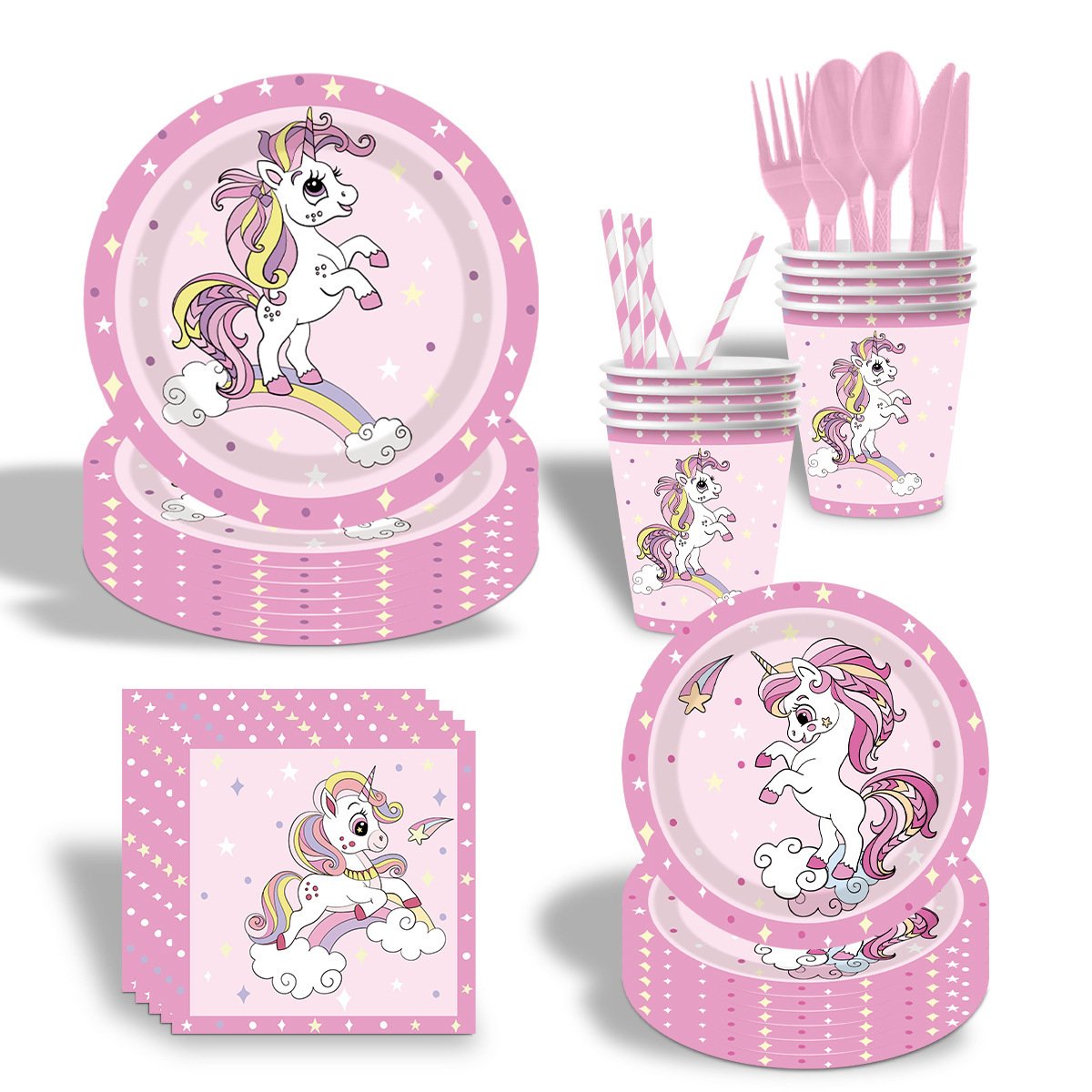 New unicorn-themed birthday party decoration supplies: disposable paper cups, paper plates, paper napkins, tablecloths, and tableware sets - Image 10