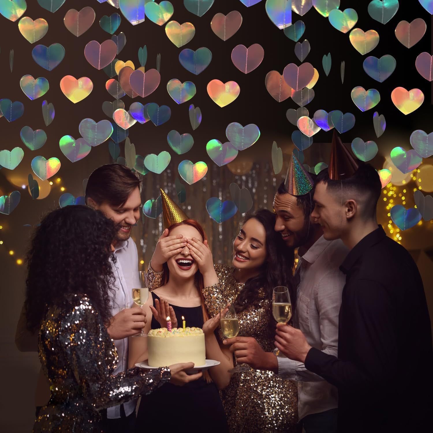 Cross-border in-stock iridescent heart-shaped streamers, Valentine's Day, wedding, birthday party gold, white and pink love heart pendants, paper pull strings - Image 3