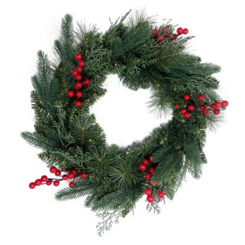 Red Berry Christmas Wreath with Green Vines  Artificial Flower & Pinecone Mixed Christmas Door Decor