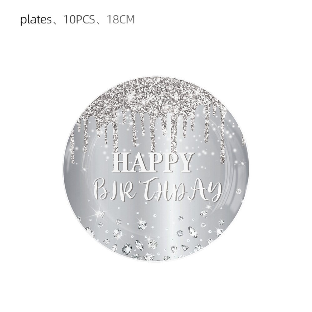 New Style Silver Diamond Shining "Happy Birthday" Decorative Disposable Tableware, Paper Cups, Paper Towels and Party Supplies - Image 2