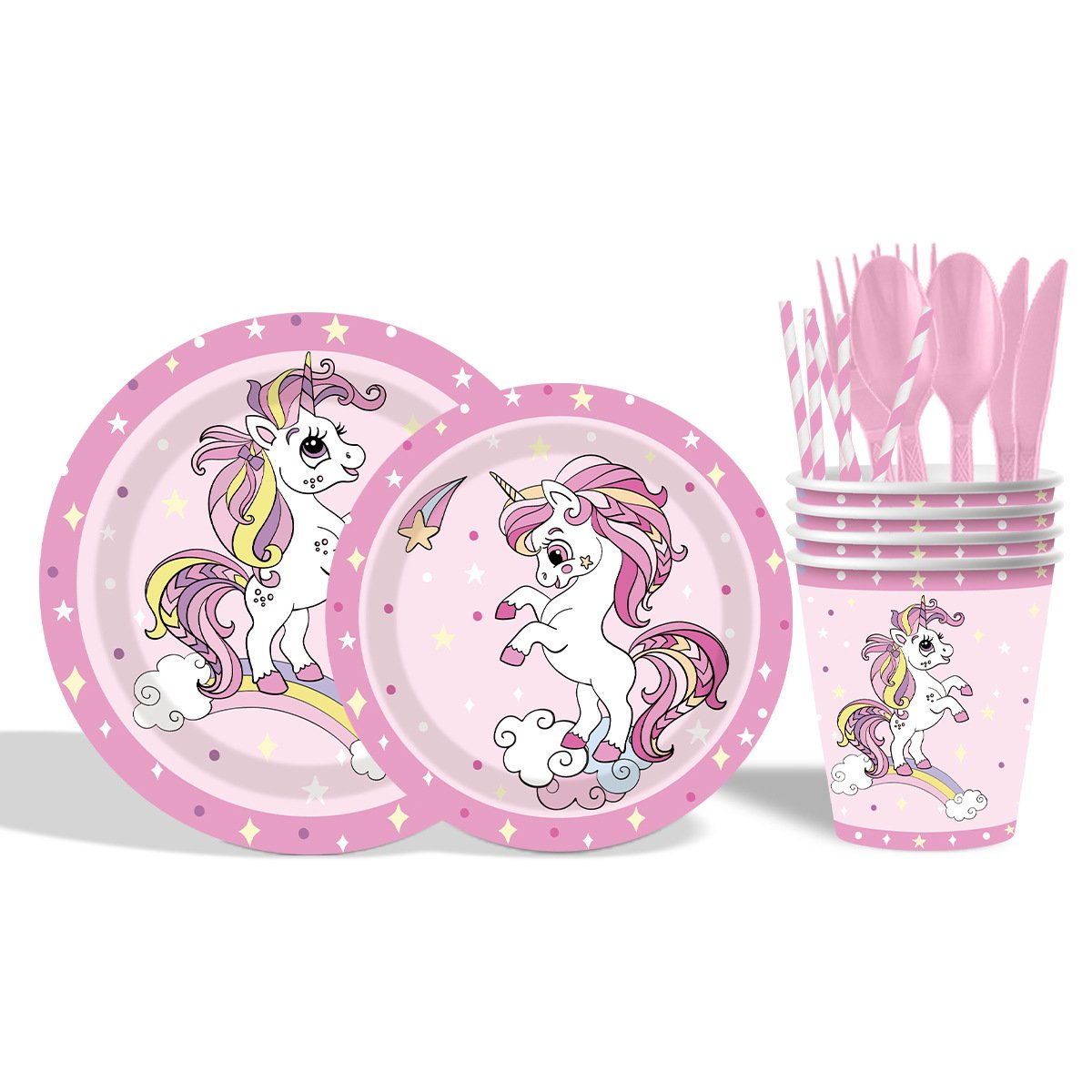 New unicorn-themed birthday party decoration supplies: disposable paper cups, paper plates, paper napkins, tablecloths, and tableware sets - Image 11