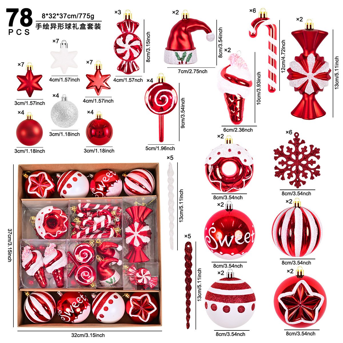 Cross-border new 78PCS red and white irregular hand-painted electroplated ball Christmas ball set gift box, Christmas tree ornaments and pendants - Image 3