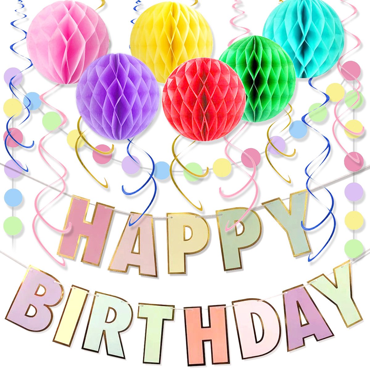 2025 Birthday Party Scene Decoration - Gilded Birthday Banner, Colorful Honeycomb Ball and Swirl Set Decoration Supplies - Image 6