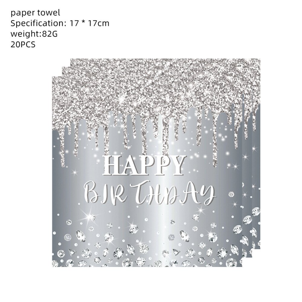 New Style Silver Diamond Shining "Happy Birthday" Decorative Disposable Tableware, Paper Cups, Paper Towels and Party Supplies - Image 5