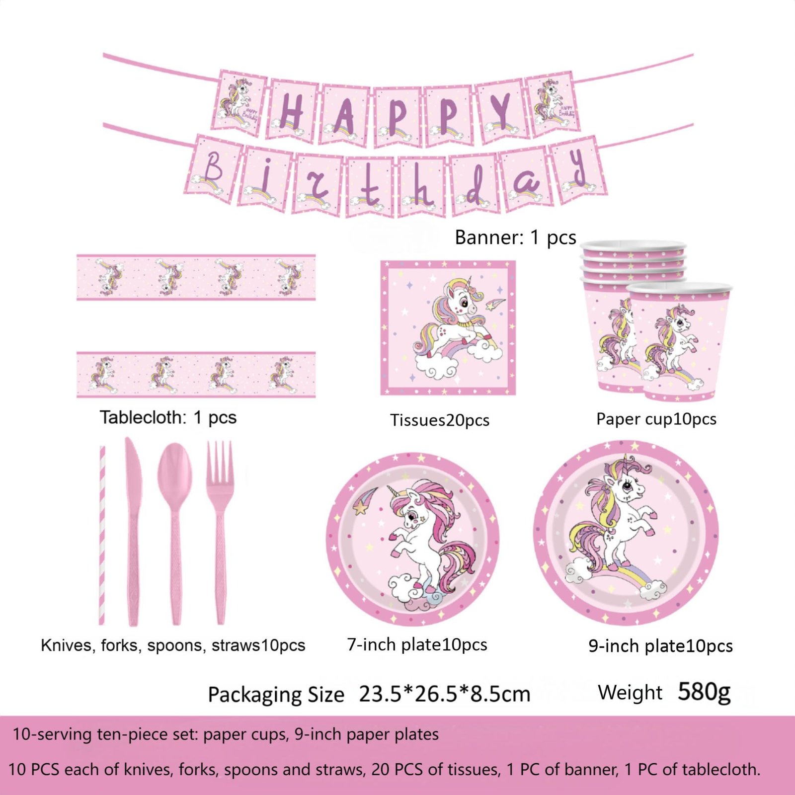 New unicorn-themed birthday party decoration supplies: disposable paper cups, paper plates, paper napkins, tablecloths, and tableware sets - Image 12