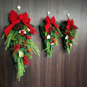 Christmas Decoration Hanging Ornaments Upside - Down Drop - Shaped Christmas Tree, Bow, Red Berries, Flocked PE Wall - Hanging, Rattan Wreath for Decoration