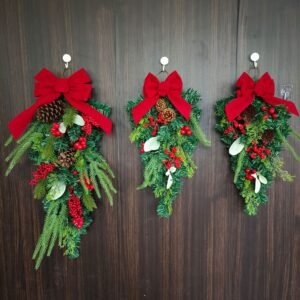 Christmas Decoration Hanging Ornaments Upside - Down Drop - Shaped Christmas Tree, Bow, Red Berries, Flocked PE Wall - Hanging, Rattan Wreath for Decoration